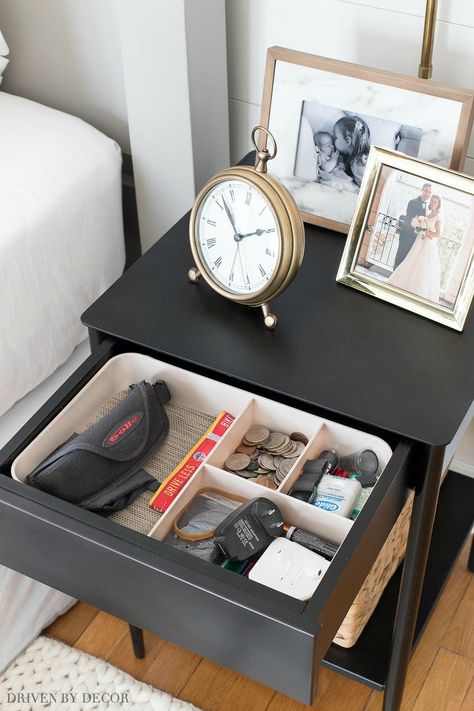 A simple organizer to whip a small drawer (like this nightstand drawer) into shape! Men’s Nightstand Decor, Organizing Nightstand Drawers, Organize Nightstand Drawer, Night Stand Drawer Organization, Bedside Table Organization Ideas, Night Stand Organization, Nightstand Organization Ideas, Nightstand Drawer Organization, Girls Room Organization