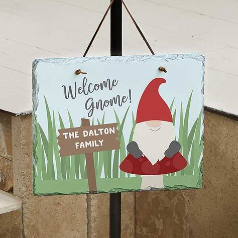 Welcome Gnome Personalized Slate Sign Gnome Sweet Gnome Porch Sign, Gnome Signs, Slate Art, Daughter Wedding Gifts, Gnome Paint, Slate Signs, Personalized Wood Signs, Felt Christmas Decorations, Painted Wood Signs