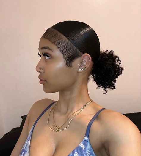 Natural Curly Slick Hairstyles, Natural Slicked Hairstyles For Black Women, Real Hair Ponytails, Natural Bun Black Women, Slick Back No Part Natural Hair, Slick Ponytail Hairstyles Natural Hair, Baddie Natural Hairstyle Ideas, V Part Slick Back Ponytail Natural Hair, Natural Slick Hairstyles