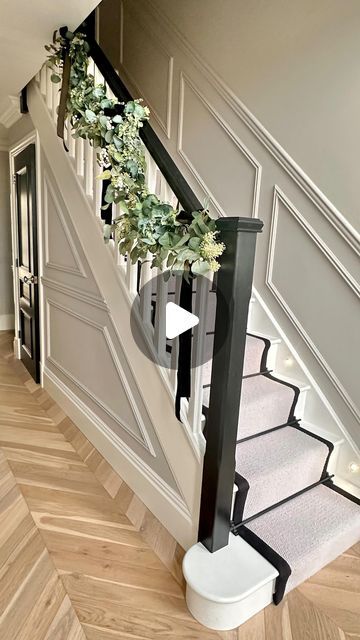 Large Hall Stairs And Landing Decor, Hallway Top Of Stairs, Hallway And Staircase Ideas, Stair Panelling Ideas, Stair Wall Design Interiors, Hall Stairs And Landing Ideas, Wfh Motivation, Hallway With Stairs, Stairs Landing Decor