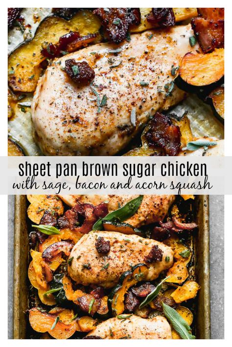 One Pan Chicken with Bacon and Acorn Squash - Cooking for Keeps Chicken With Bacon, Acorn Squash Recipes, Fresh Sage, One Pan Chicken, Pan Chicken, Acorn Squash, Tender Chicken, Fall Dinner, Sheet Pan Dinners