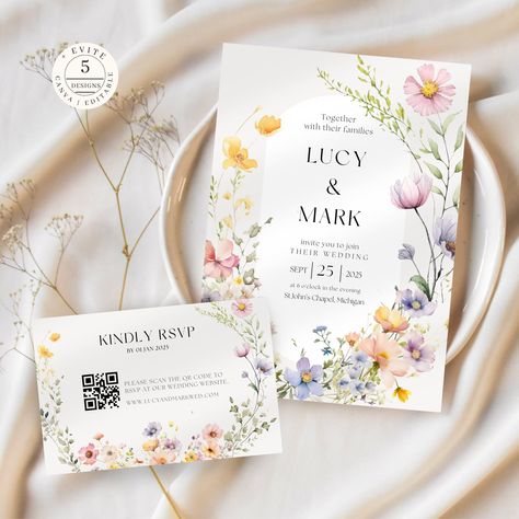 Celebrate an intimate wedding with our minimalist and modern Wildflower Wedding invitation template. This editable minimalistic Wildflower with QR Code RSVPS invitation is perfect a modern and casual wedding. Simply personalize the printable invitation with your details and send it out to all your friends and family to join the festivities. This modern, minimalistic, simple and elegant floral wildflower wedding invitation comes in a set of invite card, evite cards, details card and RSVP cards. ( Wedding Invite Examples, Wedding Invitations Floral Elegant, Wedding Invitation Spring, Wedding Invite Fonts, May Wedding Invitations, Wedding Invite Layout, Garden Wedding Stationary, Wildflower Wedding Invites, Wedding Invites Floral