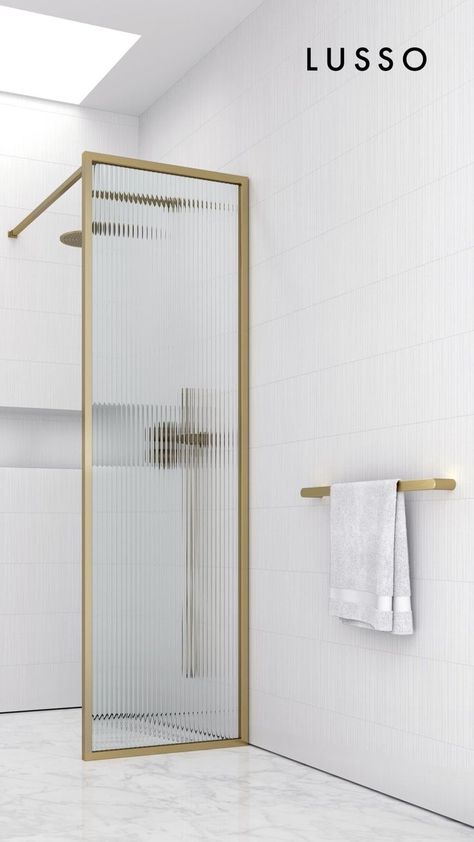 Bring an extra layer of luxury to your shower with this stunning brushed gold screen. Masterfully crafted with marine grade stainless steel and 8mm toughened reeded glass, this piece is designed to bring luxury and grandeur to your bathroom for years to come. The timeless styling of this opulence shower screen allows for seamless integration into classic and contemporary bathrooms alike. Wet Room Shower Screens, Wet Room Shower, Reeded Glass, Gold Shower, Brass Shower, Luxury Shower, Bath Screens, Gold Bathroom, Glass Bathroom