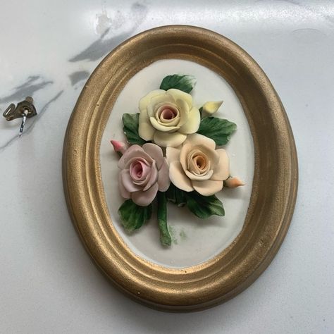 Vintage Capodimonte 3D Porcelain Flowers Gold Framed Wall Plaques Made in Italy Art With Flowers, Gold Frame Wall, Porcelain Flowers, Wall Art Plaques, Wall Plaque, Wall Plaques, Gold Frame, Hanging Hardware, Framed Wall