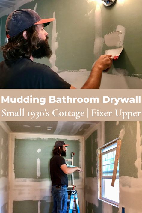 man mudding drywall in bathroom Diy Drywall Mudding, Mudding Drywall, Drywall Mudding, Diy Drywall, Drywall Mud, Learn New Skills, Kiddie Pool, Diy Furniture Renovation, Furniture Renovation