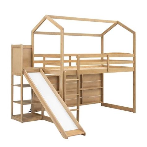 Twin Wood House Loft bed with Slide, Storage Shelves & Light, Natural - Bed Bath & Beyond - 39466675 House Loft Bed, Shelves Light, Loft Bed With Slide, Bed Slide, Natural Bed, Wooden Room, House Loft, Bed With Slide, Shelf Lighting