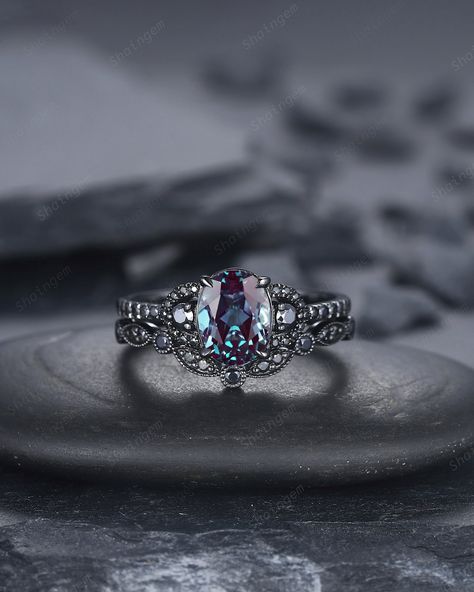 Vintage Alexandrite Engagement Rings, Maleficent Engagement Ring, Black And Purple Promise Rings, Black And Purple Wedding Rings, Black Alexandrite Ring, Dark Engagement Ring, Witchy Engagement Ring, Black Engagement Ring Set, Alexandrite Ring Dark Band