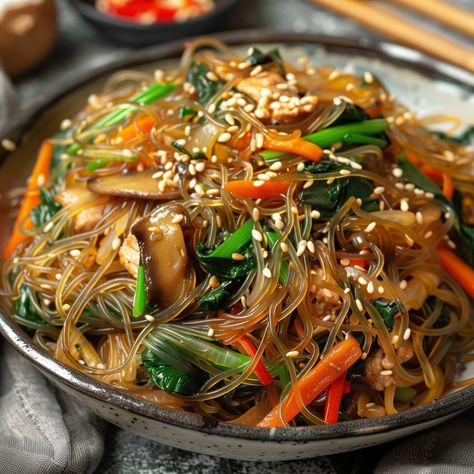 Korean Japchae (Stir-fried Glass Noodles) Japchae Recipe Vegetarian, Dinner Ideas Korean, Korean Glass Noodles Recipe, Healthy Korean Dinner, Asian Food Recipes Korean, Korean Healthy Food, Glass Noodle Recipes, Healthy Korean Food, Glass Noodle Stir Fry