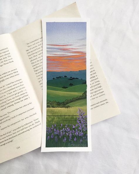 Guache Bookmarks, Artistic Bookmarks, Gouache Art Simple, Landscape Bookmarks, Bookmark Painting Ideas, Bookmarks Aesthetic, Bookmark Painting, Painted Bookmarks, Whimsical Art Journal