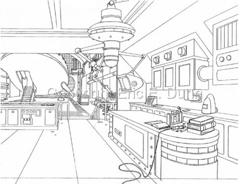 Background layout for Futurama.<br /> Professor Farnsworth's laboratory, Planet Express Building (Contemporary Drawing, Pencil, Architecture) Science Lab Drawing Reference, Lab Drawing Reference, Futurama Professor, Laboratory Concept Art, Laboratory Drawing, Pencil Architecture, Lab Drawing, Laboratory Art, Laboratory Background