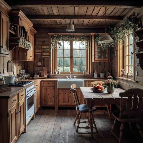 21 Wood Kitchen Inspirations to Transform Your Cooking Space Scandinavian Cabin Kitchen, Log Cabin Kitchen Ideas, Cozy Cabin Kitchen, Log Cabin Kitchen, Scandinavian Cabin, Log Cabin Interior, Log Cabin Rustic, Cabin Kitchen, Pine Kitchen