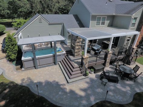 Spa Built Into Deck, Pool Deck Connected To Back Porch, Deck With Pergola And Hot Tub, Deck With Swim Spa, Master Patio Private, Louvered Roof, Outdoor Heaters, Deck Designs, Cool Deck