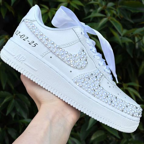 Crystal Wedding Shoes Pearl Bridal Sneakers Air Force 1 Wedding Pearl Air Force 1, Shoes For The Bride, Quinceanera Shoes, Bridal Sneakers, Crystal Wedding Shoes, Wedding Sneakers, Crystal Shoes, Womens Wedding Shoes, Custom Sneakers