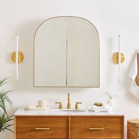 Bathroom Renovation | West Elm Cute Medicine Cabinet, Large Medicine Cabinet Mirror, Arched Mirror Bathroom, Gold Medicine Cabinet, Hidden Medicine Cabinet, Small Modern Bathroom, Arch Mirror Bathroom, Recessed Medicine Cabinet, Condo Remodel