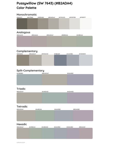 Sherwin Williams Pussywillow (SW 7643) Paint coordinating colors and palettes Pussywillow Coordinating Colors, Sherwin Williams Pussywillow, Sw Upward, Color Palette Sherwin Williams, Draw A Hexagon, Purple Color Palette, Analogous Color Scheme, Rgb Color Codes, Split Complementary Colors