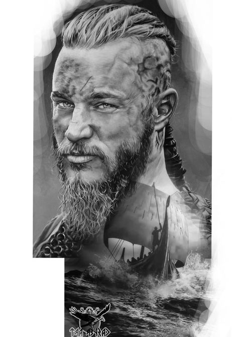 Ragnar Tattoo Design, Ragnarok Tattoo, Ragnar Tattoo, Ragnar Lothbrok Tattoo, Japanese Warrior Tattoo, Odin Norse Mythology, Portrait Faces, Viking Warrior Tattoos, Viking Tattoo Sleeve