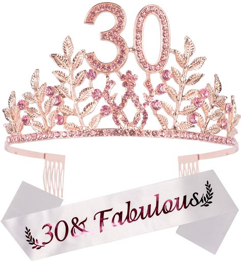 PRICES MAY VARY. silk Imported The 30th birthday kit includes: 30th pink rhinestone tiara crown and white sash"30& Fabulous" Sparkling 30th birthday tiara crown: 100% eco-friendly crystals and rhinestones, nickel free and anti-allergic Tiara size: 5.12" on the front side. The size of number 30 is: 1.57" x 1.57" "30 & Fabulous" quality satin sash: made of quality material with nice silky feel, size approximately 27"- 32" and 3.10" wide. One size fits all DoraDreamDeko is a registered trademark in 85th Birthday Decorations, 40th Birthday Sash, 30th Birthday Sash, Happy 85th Birthday, 30th Birthday Cake Topper, 30th Birthday Party Decorations, Rose Gold Party Decor, 30th Birthday Decorations, Birthday Tiara