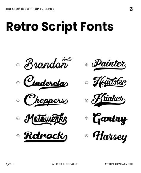 Logomaker  | Inpiration on Instagram: “Heres my list of top 10 free retro script fonts⁣⁣ (old school fonts)⁣ ⁣⁣⁣ 1.  Brandon Smith⁣ 2.  Cinderela⁣ 3.  Choppers⁣ 4.  Motowerks⁣…” Font For Instagram, Old School Fonts, Brandon Smith, School Fonts, Sign Fonts, Aesthetic Fonts, Signature Fonts, Cute Fonts, Cursive Fonts