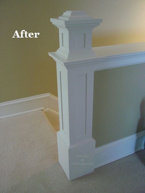 Love this before/after of the stairway with the moldings. Half Wall Ideas, Stairs Lighting, Pony Wall, Half Walls, Basement Stairs, Newel Posts, Stair Railing, Moldings And Trim, Home Remodeling