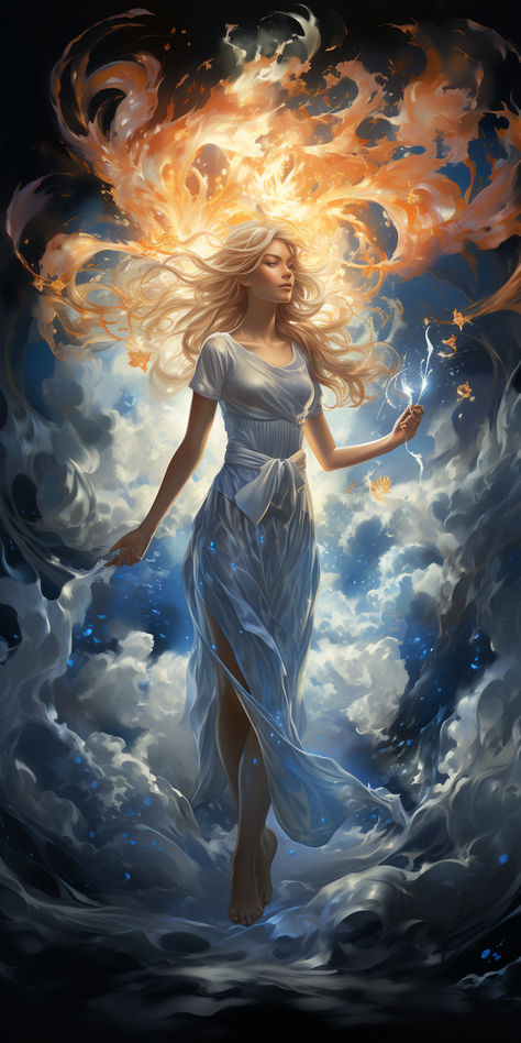 Goddess Of Light Fantasy Art, Celestial Art Goddesses, Greek Fantasy Art, Cloud Goddess, Weather Goddess, Dnd Space, Rain Goddess, Air Goddess, Ethereal Girl