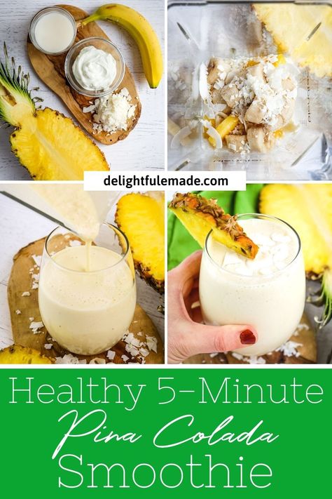 If you like Pina Coladas, then this healthy Pina Colada Smoothie recipe is for you! Made with fresh pineapple, coconut and Greek yogurt, this pineapple coconut smoothie recipe is a fantastic healthy snack or breakfast idea! || Delightful E Made Pina Colada Smoothie Healthy, Coconut Smoothie Recipes, Healthy Pina Colada Smoothie, Pineapple Coconut Smoothie Recipes, Whipped Matcha, Pina Colada Smoothie Recipe, Healthy Pina Colada, Detox Green Smoothie, Quick Smoothie Recipes