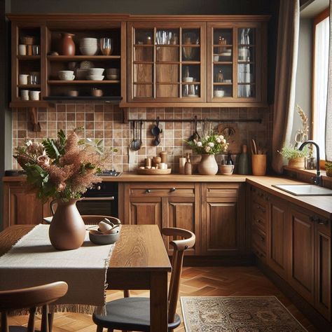 Brown Kitchen Brown Appliances Kitchen, Dark Wood Cupboards Kitchen, House Interior Dark Wood, Kitchen Design Brown Cabinets, Brown Kitchen Cabinets Decor Ideas, Dark Brown Kitchen Cabinets Decor Ideas, Brown And Gold Kitchen, Brown Kitchen Walls, Brown Backsplash Kitchen