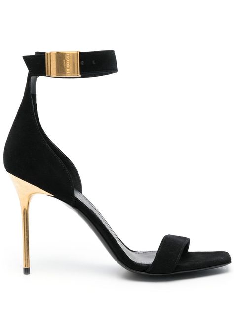 black/gold-tone calf suede/calf leather strap detailing open toe branded leather insole buckle-fastening ankle strap 100mm high stiletto heel Balmain Shoes, Black Strappy Sandals, Suede Sandals, Sneaker Heels, Strappy Sandals, Lanvin, Mens Shoes Sneakers, Black Sandals, Bottega Veneta