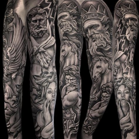 Greek mythology sleeve done by me Anja Ferencic Forever yours tattoo parlour Opatija. Greek Goddess Tattoo, Greek God Tattoo, Zeus Tattoo, Greek Mythology Tattoos, God Tattoos, Mythology Tattoos, Medusa Tattoo, Geniale Tattoos, Greek Tattoos