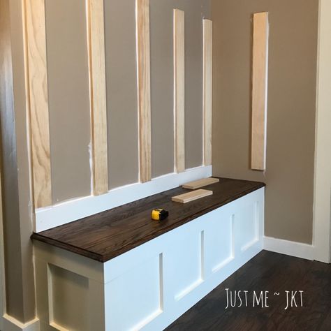 Diy Entry Bench, Entry Bench Diy, Mudroom Ideas Diy, Bottle Of Gin, Front Closet, Basement Fireplace, Mudroom Bench Plans, Diy Mudroom Bench, Bench With Drawers