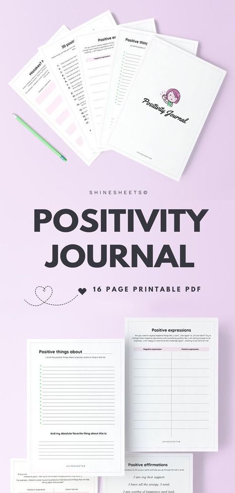 Printable Positivity Journal by ShineSheets.com | Easy and pleasant positivity exercises will help you see a brighter side of your life improve your mood, build your resilience and live a happier life! | Printable journal, Printables, Mental health, How to stay positive, Personal development, Self help, Self therapy, Self care, Mindset, Become motivated, Journaling, #positivity #journal #mentalhealth #mentalwellness #selfcare #selflove  Mental health printables, Mental health journal Positivity Exercises, Positivity Journal, How To Stay Positive, Mindful Activities, Positive Visualization, Life Binder, Health Tools, Printable Journal, Free Worksheets