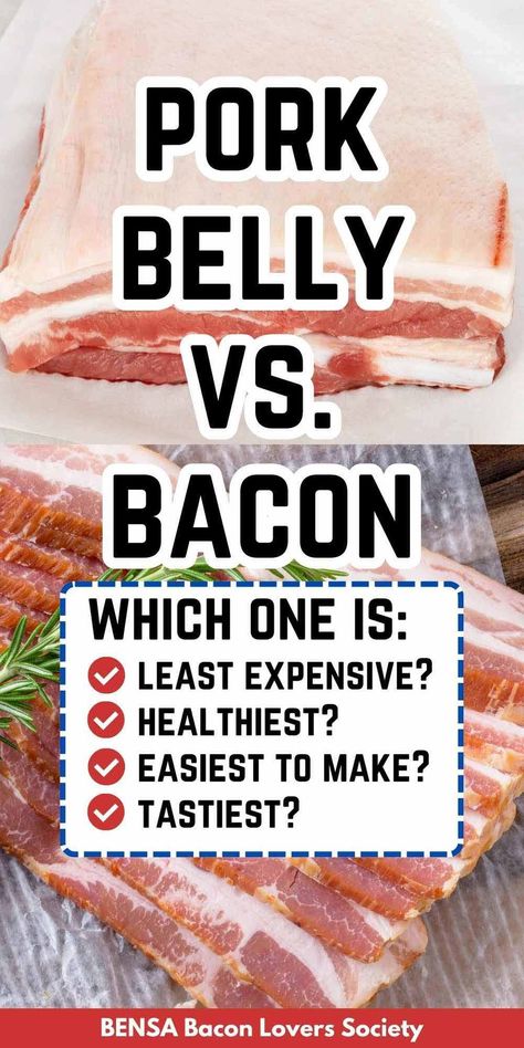 Can you substitute pork belly for bacon in recipes? Which one is cheaper, and which one is tastier? This complete guide to pork belly vs. bacon provides all the information you need to cook, store and enjoy delicious pork belly and tasty bacon. #porkbelly Make Your Own Bacon Pork Belly, How To Make Bacon From Pork Belly, Unique Bacon Recipes, Pork Belly Bacon, Bacon Wrapped Pork Loin, Gourmet Burgers Recipes, Bacon Recipes For Dinner, Bacon Soup Recipes, Grilling Recipes Pork