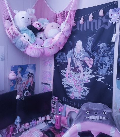 Pink Goth Aesthetic Bedroom, Half Goth Half Pastel Room, Pastel Goth Office Decor, Pastel Goth Interior, Kawaii Goth Room Decor, Egirl Bedroom Aesthetic, Pink Goth Room Aesthetic, Pastel Goth Room Aesthetic, Goth Gamer Room