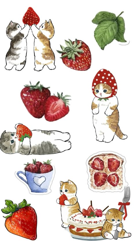 Strawberry Sticker Aesthetic, Cat And Strawberry, Cat With Strawberry, Cat Strawberry, Strawberry Stickers, Strawberry Sticker, Photowall Ideas, Strawberry Cat, Scrapbook Printing