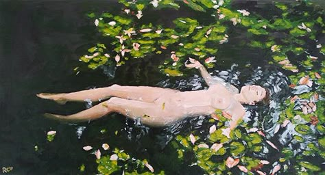 An acrylic painting of a nude female figure floating in a body of water alongside algae, fallen leaves, on A4 230g/m paper by Ruth Coetzer created during day 35-40 for #the100dayproject Woman In Lake Painting, Body In Water Painting, Body In Water Drawing, Person Floating In Water Reference, Woman Lying In Water, Floating Woman Drawing, Laying In Water Reference, Floating Body Drawing, Floating In Water Reference