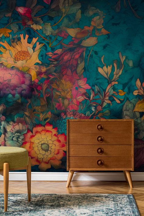 Wallpaper Bedroom Master Wall Murals, Colorful Mural Wall, Teal Wallpaper Bedroom, Unique Accent Wall Ideas, Teal Abstract Wallpaper, Pattern Art Wallpaper, Wallpaper Living Room Accent Wall, Florida Wallpaper, Multicoloured Wallpaper