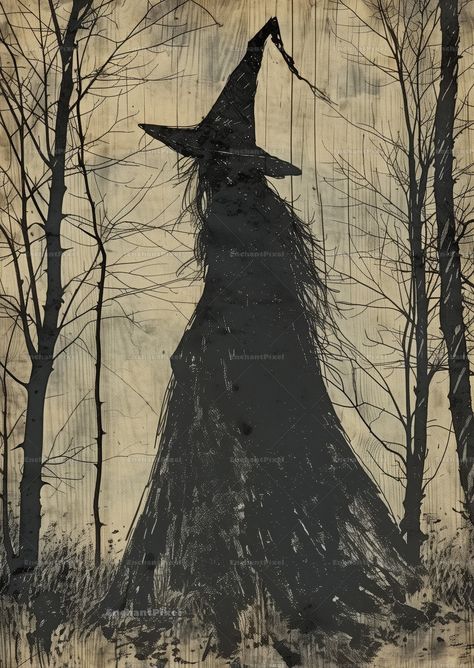 Digital download, NO PHYSICAL ITEM WILL BE SHIPPED. This art print uses an AI image base that has been heavily edited for composition and quality. Bring the spooky charm of Halloween into your home with this rustic digital art print featuring a ghostly witch in the autumn woods. The woodcut style adds a vintage touch, making it perfect for your seasonal decor. Ideal for framing and displaying in your living room, kitchen, or entryway, this artwork captures the eerie essence of Halloween night. P Vintage Halloween Silhouettes, Halloween Witch Illustration, Witch Decor Halloween, Vintage Halloween Printables, Rustic Halloween Decor, Witch Vintage, Vintage Halloween Images, Autumn Woods, Rustic Halloween