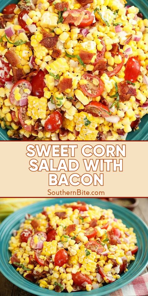 This Sweet Corn Salad with Bacon combines the sweetness of fresh corn with the smokiness of bacon. Throw in some red onion, tomatoes, basil, and a creamy dressing made with mayo, lemon juice, and just a little bacon fat and you’ve got a bright and colorful side dish that’s perfect for your next summer bbq, gathering, or potluck. Corn Salad With Bacon, Summer Corn Recipes, Sweet Corn Salad, Corn Recipes Side Dishes, Wedding Buffet Food, Corn Side Dish, Bbq Salads, Bbq Sandwich, Corn Dishes