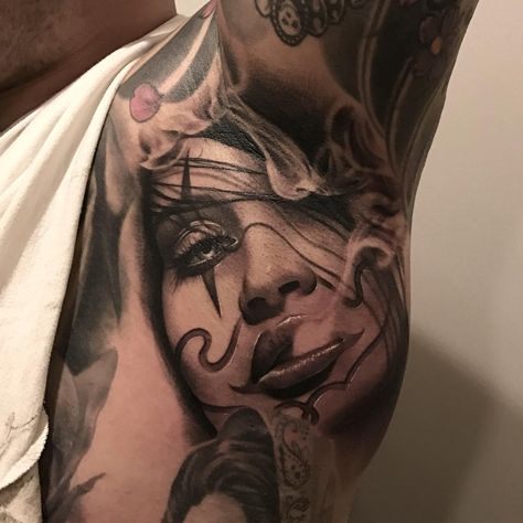 Under Armpit Tattoo, Armpit Tattoo, Underarm Tattoo, Gemini Tattoo Designs, Throat Tattoo, Girl Face Tattoo, Realistic Tattoo Sleeve, Clown Tattoo, Chicano Style Tattoo