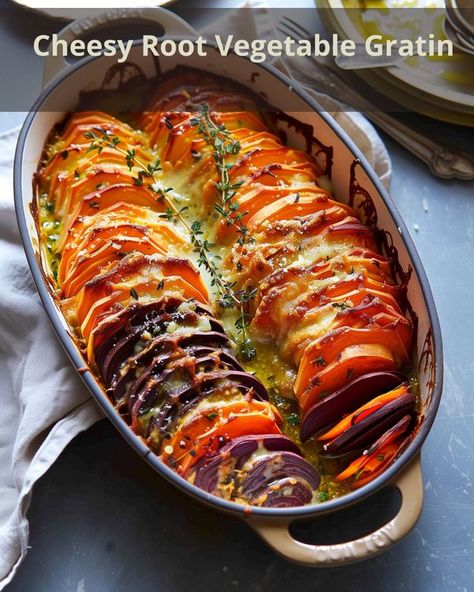 Fast Recipes Vista | This beautiful Cheesy Root Vegetable Gratin is as delicious as it is stunning | Facebook Root Vegetable Au Gratin, Cheesy Root Vegetable Gratin, Root Vegetable Gratin, Vegetable Gratin, Sweet Potato Gratin, Fast Recipes, Root Vegetable, Christmas Menu, Vegetarian Meals