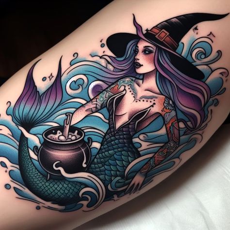 Undead Mermaid Tattoo, Ocean Witch Tattoo, Mermaid Scale Tattoo Designs, Witch Mermaid Tattoo, Warrior Mermaid Tattoo, Pinup Mermaid Tattoo Vintage, Witchy Mermaid Tattoo, Spooky Mermaid Tattoo, Sea Witch Tattoo Ideas