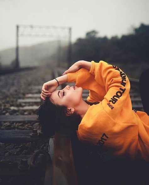 Outdoors Ideas, Poses Women, Photography Poses Women, Train Tracks, Photography Poses, A Woman, Track, Train, Orange