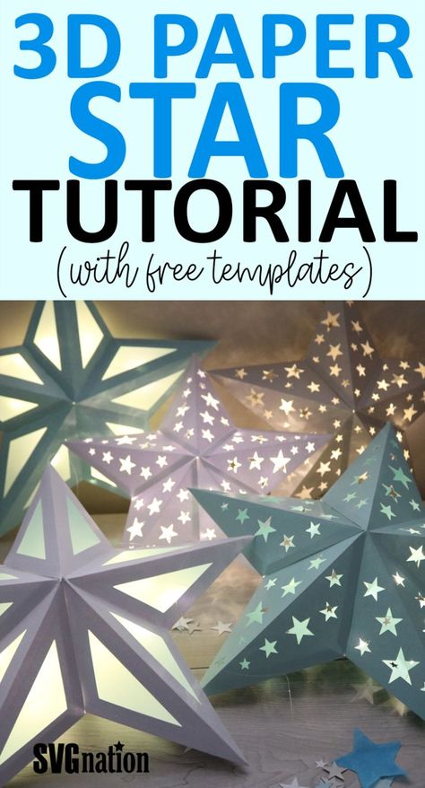 Make a hanging paper star lantern with this easy to follow tutorial. Grab the free templates for these 3D stars. Cricut Lantern Projects, Origami Lights Diy, Free Cricut 3d Paper Projects, Paper Lanterns Cricut Free, 3d Paper Star Template, Paper Crafts For Cricut, 3d Cricut Projects Free Christmas, Cricut Paper Lantern, Diy Star Lantern