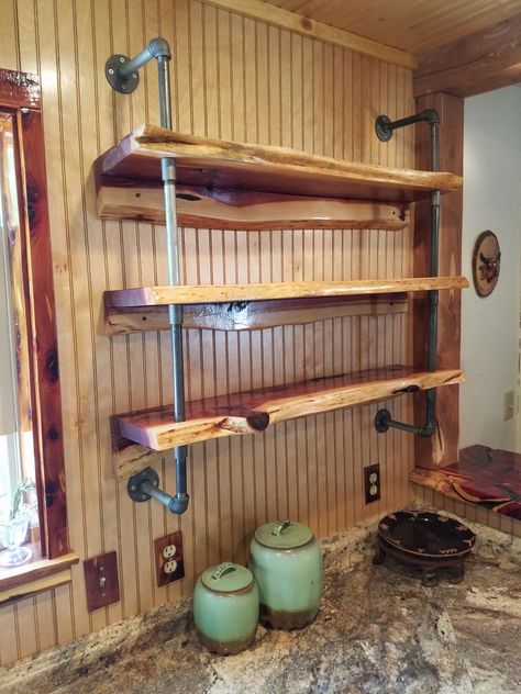 Live edge cedar kitchen shelving Cedar Kitchen, Cedar Shelves, Live Edge Kitchen, Open Shelving Units, Kitchen Shelving, Window Shelves, Frosted Glass Door, Open Kitchen Shelves, Plastic Container Storage