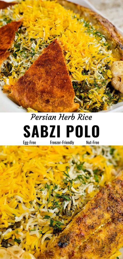 Sabzi polo, a classic Persian herb rice is wonderfully fragrant and delicious. This fluffy rice dish is loaded with herbs and popular at the Persian new year, Nowruz, often served with fish, as sabzi polo ba mahi. The crowning glory is the crunchy golden crust known as tahdig. This gluten free pilaf recipe can also be made vegan. #sabzipolo #herbrice #persianfood Persian Herb Rice, Sabzi Polo Recipe, Sabzi Polo Ba Mahi, Sabzi Polo Mahi, Persian Tomato Rice, Persian Shrimp And Rice, Persian Fish Recipe, Persian Dinner Recipes, Tadig Rice Recipe