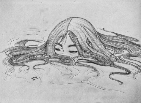 Girl drowning into water creative sketch. Floating hair over water. Head Out Of Water Drawing, Face Coming Out Of Water Drawing, Sea Person Drawing, Water Lady Drawing, Body In Water Drawing, Women In Water Drawing, Lady In Water Tattoo, How To Draw Hair In Water, Wet Person Drawing