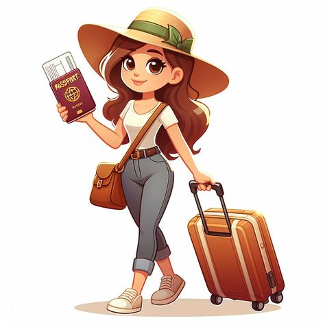 Traveling woman wearing hat and holding passport with luggage cartoon character illustration - vectorartworld.com Passport Illustration Art, Passport Drawing Art, Cartoon Traveling, Passport Drawing, Passport Illustration, Hat Drawing Reference, Passport Art, Suitcase Illustration, Ink Reference