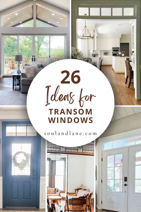 Position transom windows above entry doors for a grand entrance or above interior doors to maintain privacy while allowing light to permeate between rooms. Opt for decorative glass patterns to add artistic flair or clear glass to keep the look sleek and modern. In living areas or kitchens, transom windows can be used to frame existing windows or doors, maximizing views and the sense of space. These versatile additions seamlessly blend functionality with aesthetic appeal, making them a perfect ch Glass Transom Over Door, Transom Windows Exterior Modern, Craftsman Front Door With Transom, Add Transom Window, Glass Above Door, Interior Doors With Transom Windows, Indoor Transom Window, Diy Transom Windows Interior, Transom Windows Exterior Farmhouse