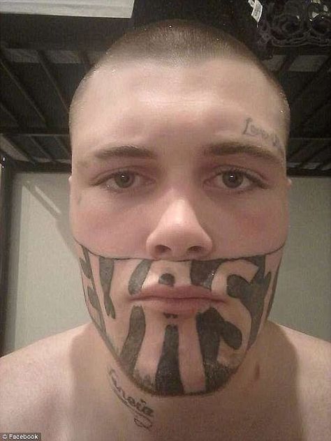 Gangster with 'notorious' tattooed on his face responds to 50 Cent's mocking - and challenges him to a face-to-face meeting Bad Face Tattoos, Hammer Tattoo, Facial Tattoos, Mask Tattoo, Bad Tattoos, Knee Tattoo, Face Tattoos, Face Tattoo, Baby Carriers