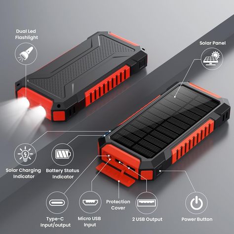 Solar Battery Bank, Solar Usb Charger, Solar Battery Charger, Solar Power Bank, Battery Bank, External Battery, Solar Charger, Portable Charger, Led Flashlight