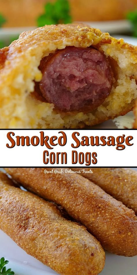 Smoked Sausage Corn Dogs are made with smoked sausage links, covered in a thick, homemade batter, then fried to a golden brown. Delicious! #sausage #sausagedog #homemade #delicious #greatgrubdelicioustreats Corndog Recipes, Sausage Corn Dogs, Yummy Burgers, Sausage Meals, Unhealthy Recipes, Fun Meals, Fry Food, Fried Recipes, Corndog Recipe